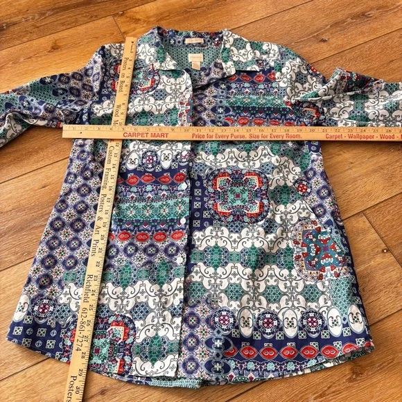 Chicos Multi Color Mosaic Button Down Tunic No Iron Shirt Size 2 Large Pockets - Picture 4 of 15